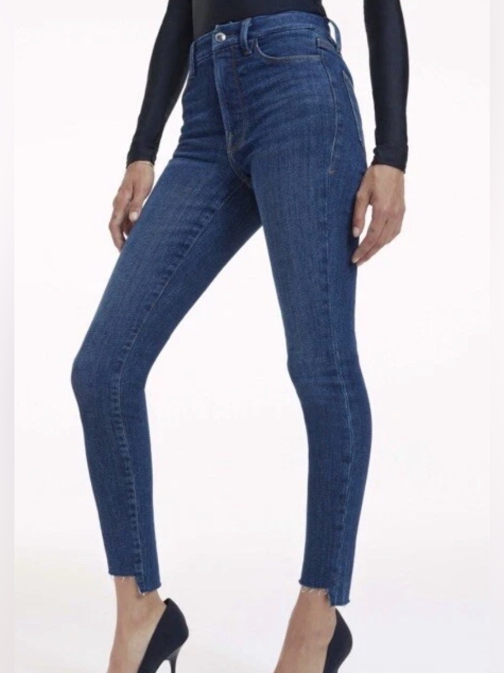 Good American Y2K Good High Waist Step Raw Hem Skinny Jeans Dark Wash Denim 4 27
